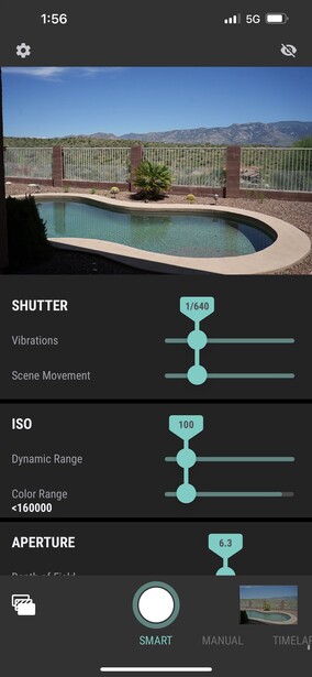 Screenshot of camera settings interface showing shutter, ISO, and aperture controls with adjustment sliders.