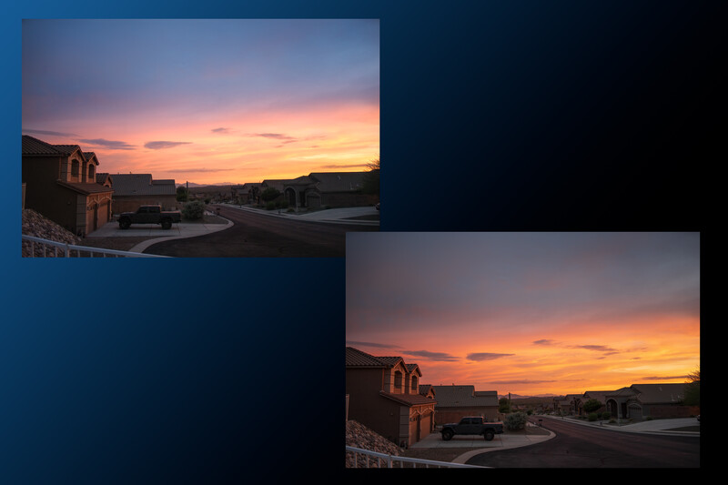 Dramatic golden-hour sunset over a residential neighborhood with warm orange and pink skies reflecting off clouds.