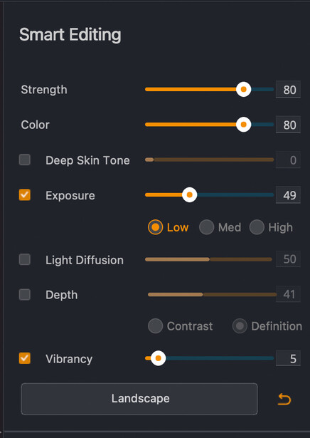 Screenshot of Smart Editing panel showing adjustment sliders for Strength, Color, Deep Skin Tone, Exposure, Light Diffusion, Depth, and Vibrancy.