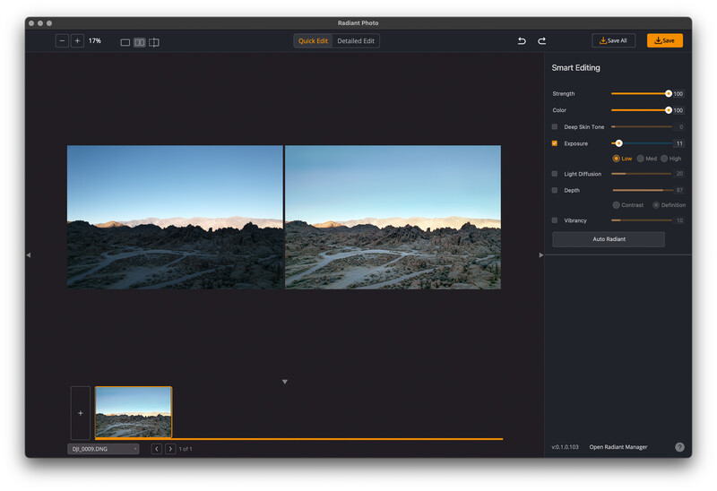 Screenshot of photo editing software showing side-by-side comparison of a desert landscape with smart editing controls displayed on the right panel.