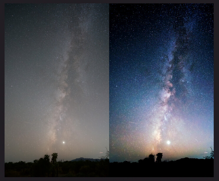 Side-by-side comparison of the Milky Way galaxy: muted natural colors on left, enhanced vibrant colors on right.