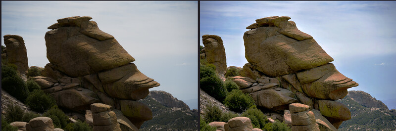Rock formation resembling a profile or face carved naturally into mountainous terrain.