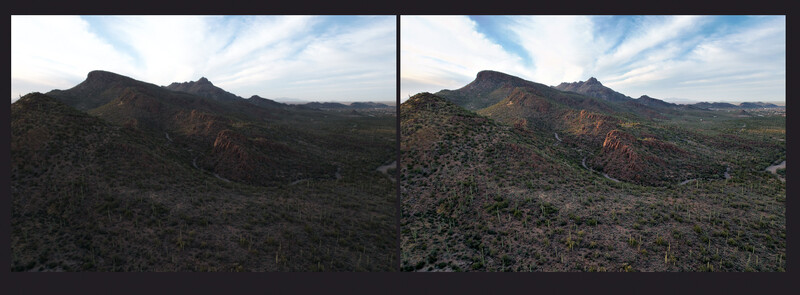 Side-by-side comparison of desert mountain landscape with different color grading treatments.