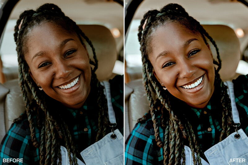 Before and after portrait comparison showing enhanced skin tones and brightness in post-processing.