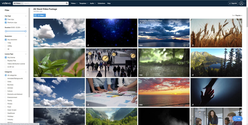 Screenshot of stock video footage library displaying grid layout of nature, landscape, and lifestyle clips.