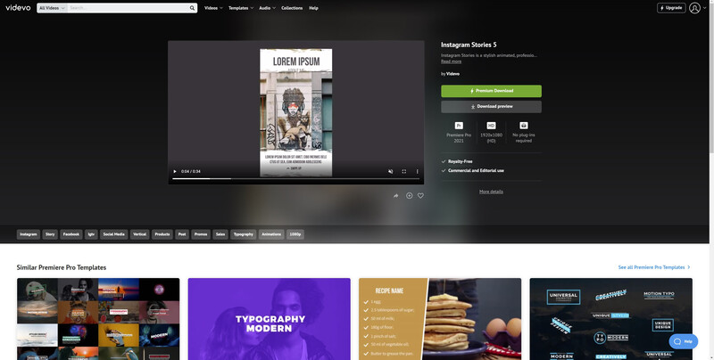 Screenshot of a video editing interface showing an Instagram Stories template with portrait-oriented layout and design elements.