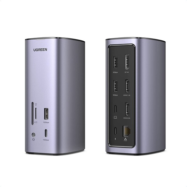 Ugreen desktop hub shown from front and back, displaying multiple USB and USB-C ports arranged on dark gray cylindrical housing.