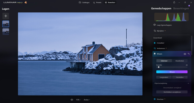 Screenshot of Luminar Neo photo editor displaying a red cottage in snowy landscape with blue water.