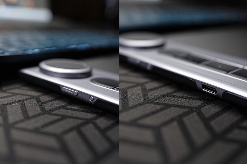 Close-up detail shots of smartphone edges showing buttons and ports on textured surface.