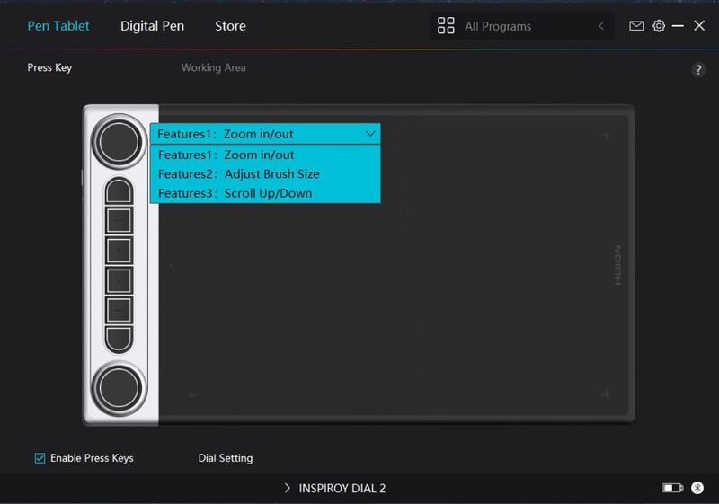 Screenshot of pen tablet driver software showing customizable press key features and working area settings.