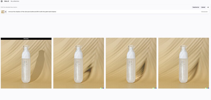 White spray bottle photographed from four angles on a diagonal striped tan background with varying shadow positions.