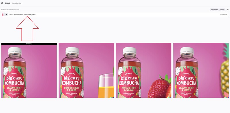 Product photography grid showing four kombucha bottles on vibrant pink background with fruit styling elements.