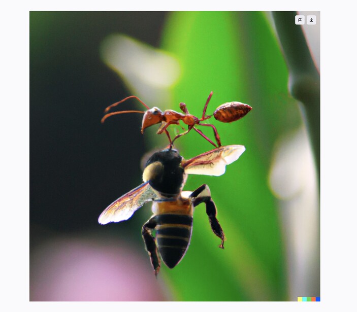 Red ant and honey bee meeting on a green plant stem against blurred background.