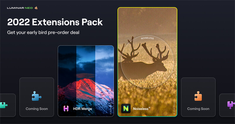 Screenshot of Luminar Neo 2022 Extensions Pack pre-order promotional interface showing multiple editing tools.