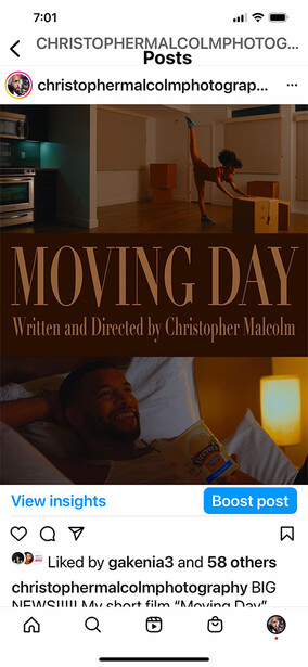 Screenshot of an Instagram post for a film titled 'Moving Day' directed by Christopher Malcolm.