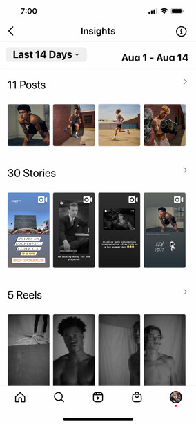 Screenshot of Instagram Insights analytics dashboard showing post performance metrics and story engagement data.