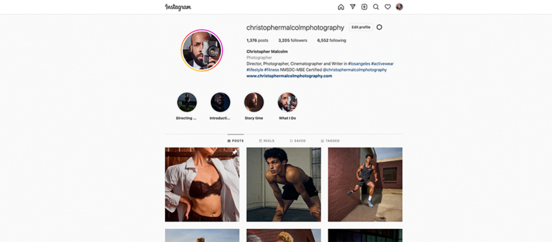 Screenshot of an Instagram profile for a photographer showing posts, highlights, and follower metrics.