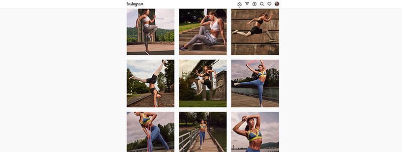 Instagram grid of nine photos featuring a woman performing athletic poses and movements outdoors in various natural settings.