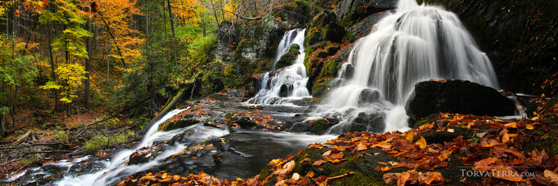Cascading waterfall flowing over moss-covered rocks surrounded by autumn foliage and forest.