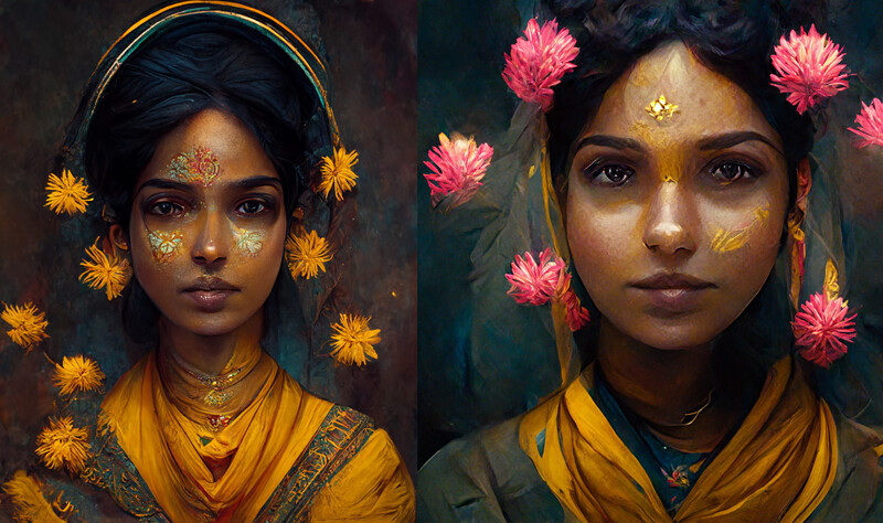Illustration of two women with golden face paint and ornamental flowers in their hair, wearing draped yellow garments.