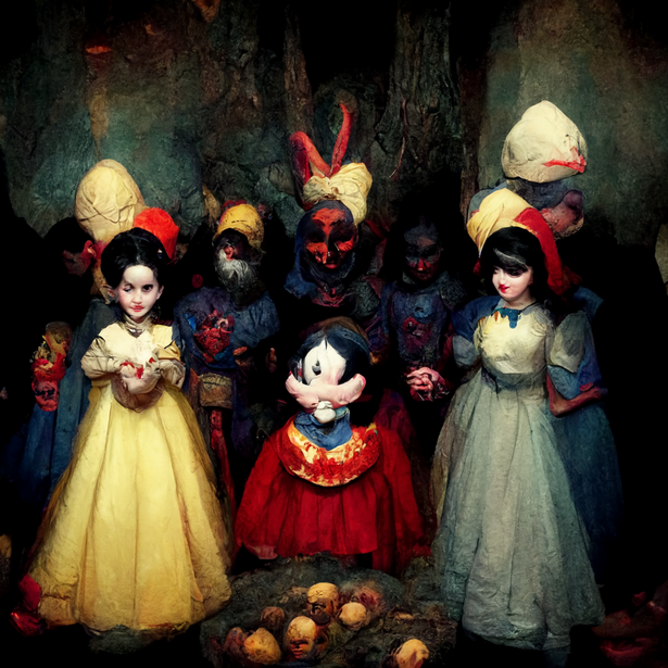 Illustration of five figures in elaborate costumes and headdresses arranged in a theatrical composition with pumpkins.