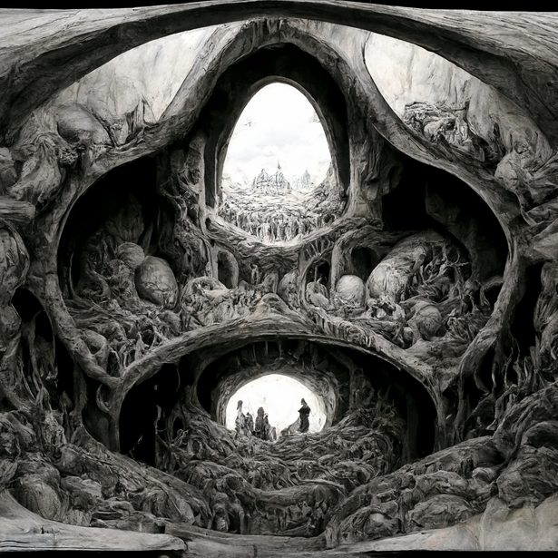 Engraving showing nested arches and caverns with intricate architectural details and crowds of figures.