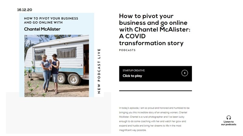 Screenshot of a podcast episode webpage featuring a woman standing next to a blue and white travel trailer.