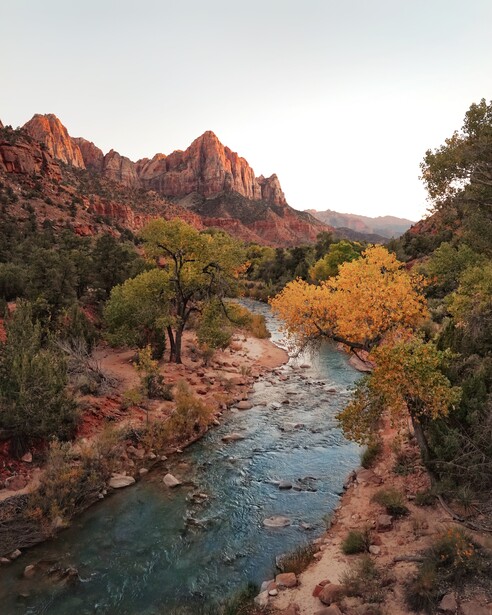 Desert river flowing through red rock canyon with autumn foliage and scattered trees.