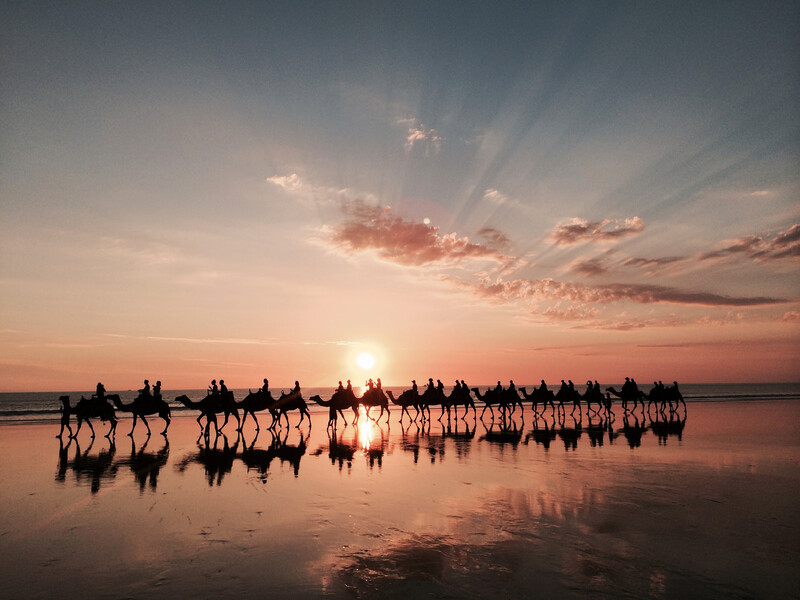 Silhouetted line of people riding camels across a wet beach at sunset, reflected in the water below.