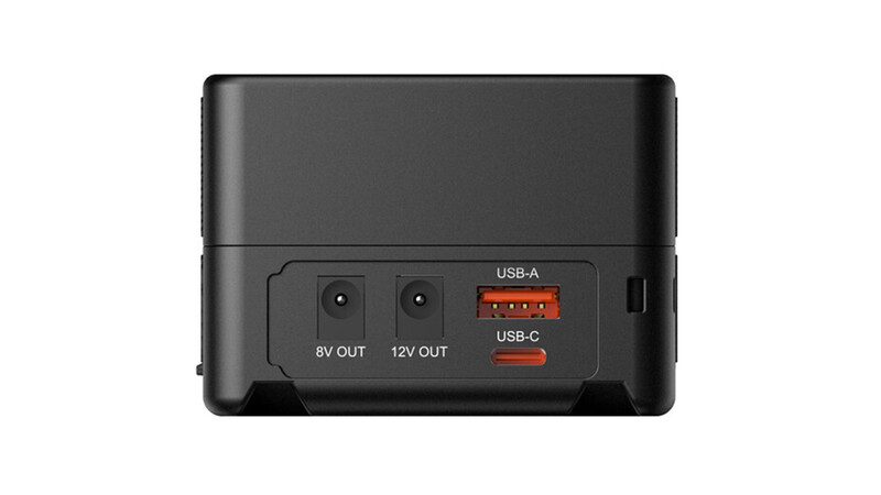 Rear panel of a portable power station showing output ports: 8V OUT, 12V OUT, USB-A, and USB-C connectors.