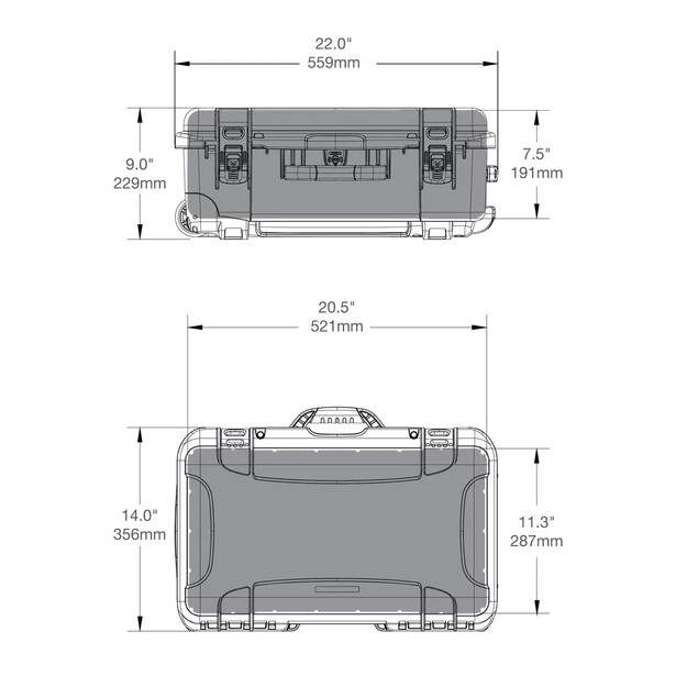 Technical diagram showing top and bottom views of a compact carrying case with dimensions labeled in inches and millimeters.