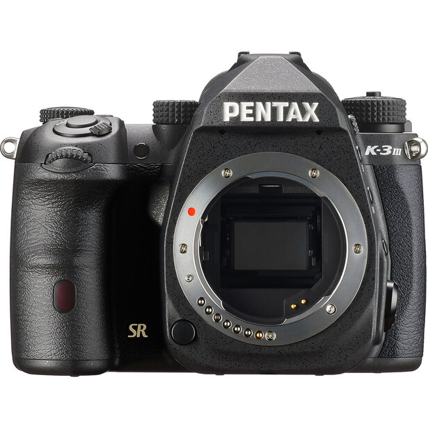 Pentax K-3 Mark III DSLR camera body shown front-on with lens mount exposed.