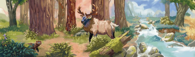 Illustration of a majestic deer with antlers standing in a misty forest clearing near a flowing stream.