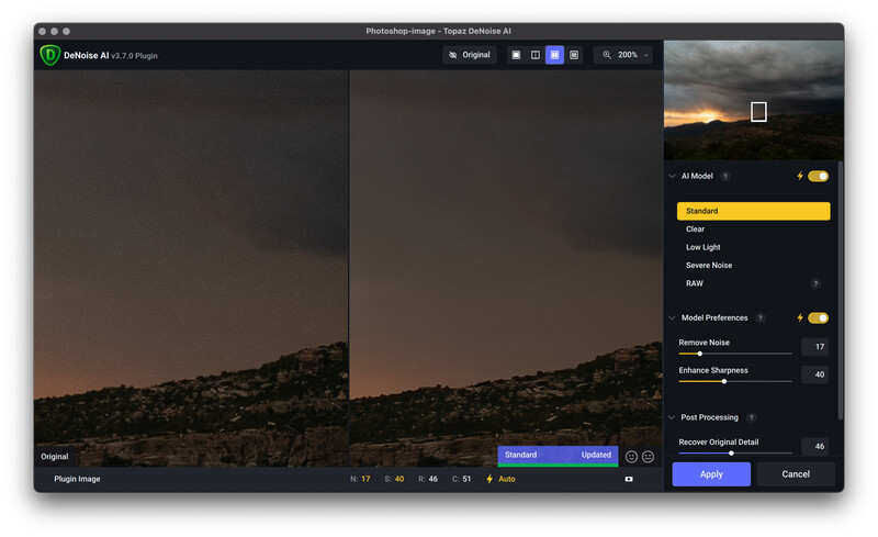 Screenshot of Photoshop with Denoise AI plugin comparing original and processed landscape image.