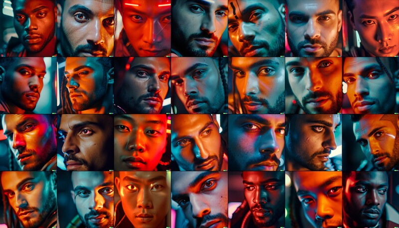Grid of 28 male portrait headshots with dramatic colored lighting in red, orange, and blue tones.