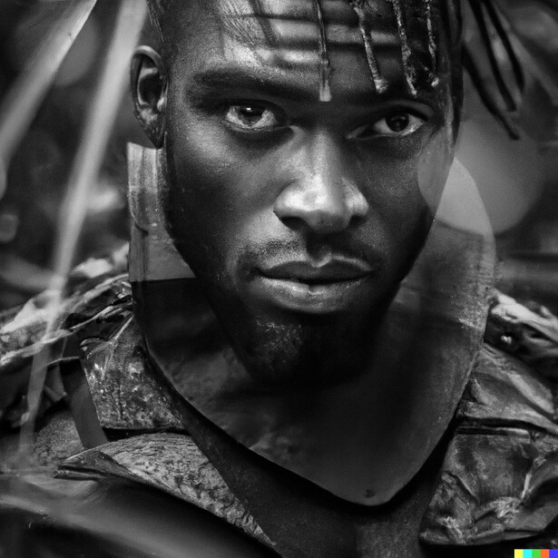 Black and white portrait of a man with intense gaze and textured overlays creating layered visual effect.