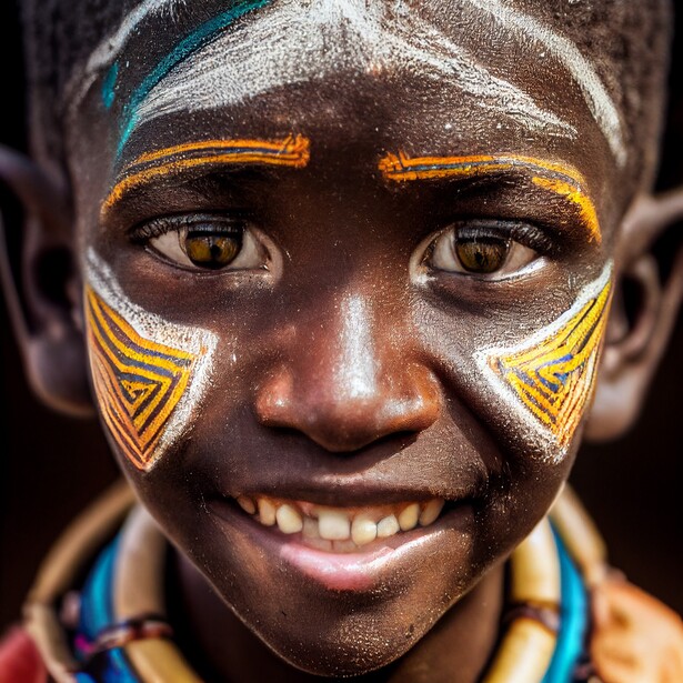 Young person with geometric face paint in white, gold, and blue, smiling at camera against dark background.
