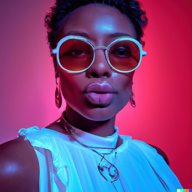 Person wearing neon blue round glasses and light blue clothing against a vibrant pink gradient background.