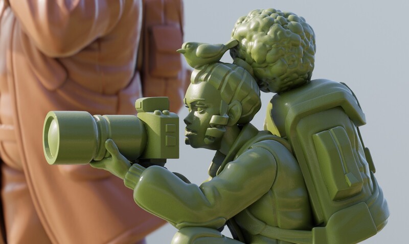 Illustration of three stylized green figures with one holding a telephoto lens and another carrying a backpack.