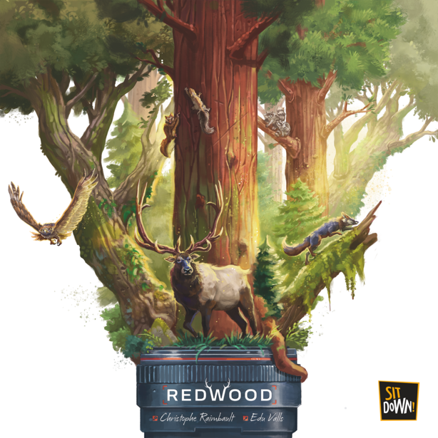 Illustration of a forest ecosystem with deer and birds emerging from a redwood base planter graphic.