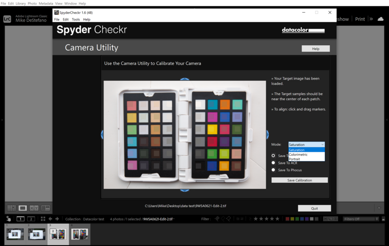 Screenshot of Spyder Checkr Camera Utility software displaying two color reference charts side by side.