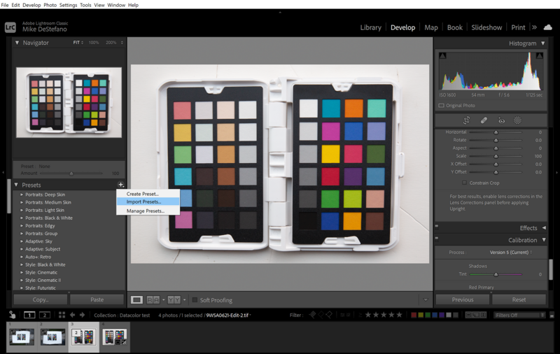 Screenshot of photo editing software displaying two color reference cards side by side in the main editing window.