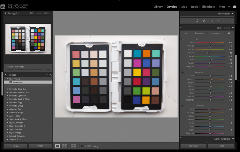 Screenshot of photo editing software displaying two color reference cards with grid layouts of color swatches.