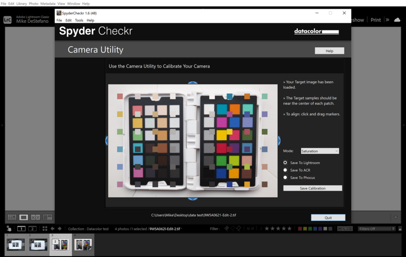Screenshot of Spyder Checkr Camera Utility software displaying two color reference charts for camera calibration.