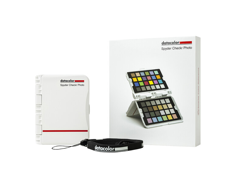 Datacolor SpyderCheckr Photo color reference kit with white reference card, strap, and folded checker chart.