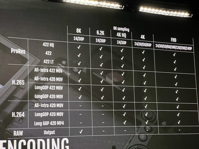 Screenshot of a video codec compatibility chart showing resolution and frame rate support across H.265, H.264, and RAW encoding formats.