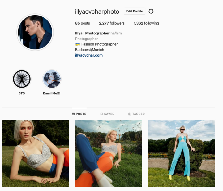 Instagram profile grid showing three outdoor portrait photographs featuring female subjects in natural daylight settings.