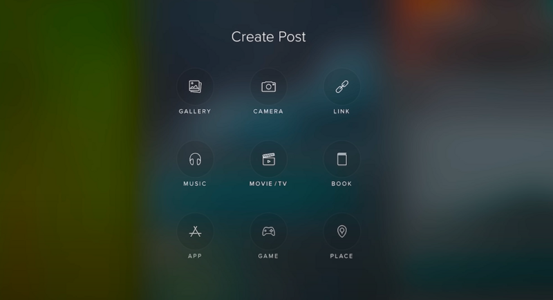 Screenshot of a mobile app's Create Post interface with nine content type options arranged in a grid.