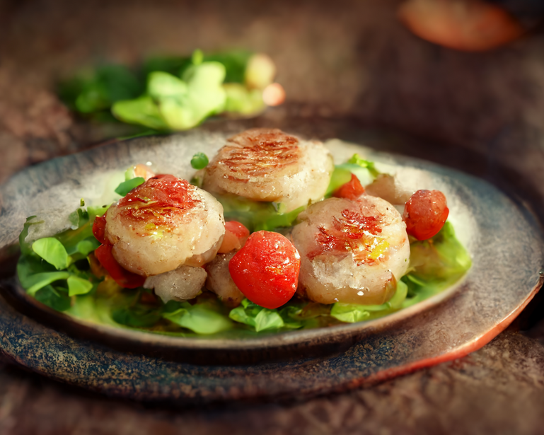 Three seared scallops arranged on a bed of cucumber and greens with roasted cherry tomatoes on a ceramic plate.