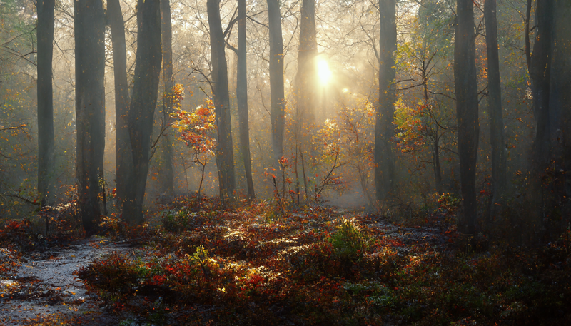 Misty forest in autumn with tall trees, golden sunlight streaming through fog, and warm-colored foliage on the ground.